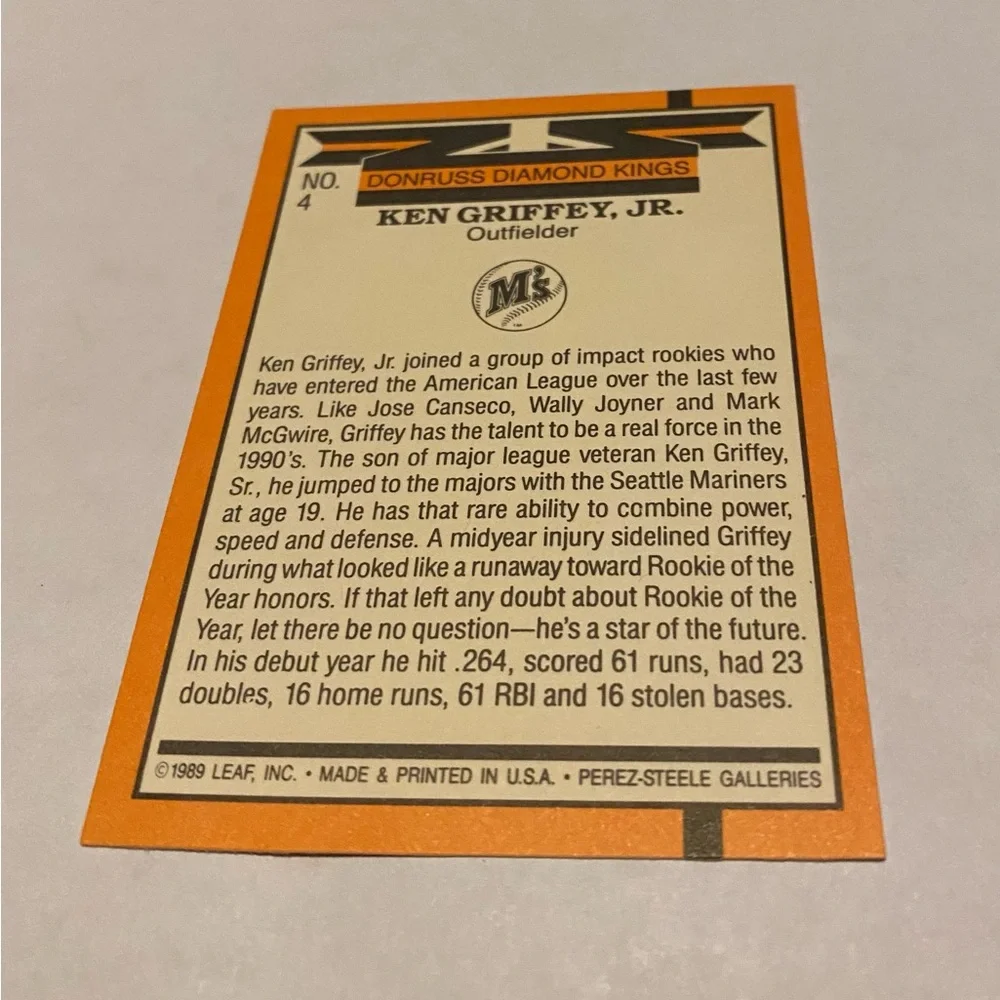 Ken Griffey Jr 1990 Diamond Kings Donruss Baseball Card #4 wrong year on back